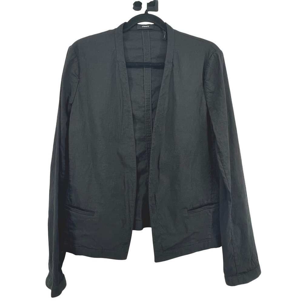 Theory Clean Blazer Cardigan Jacket 12 Black Crunch Linen Viscose Open Front